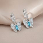 حلق فراشة زرقاء فضة أصلية 925 بتصميم أنثوي راقٍ