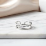 خاتم فضة 925 فاخر بتصميم ثلاثي الدوائر مرصع زركون لامع مقاس قابل للتعديل