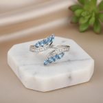 خاتم فضة 925 تصميم أوراق الصفصاف مرصع بزركون أزرق أنيق مقاس قابل للتعديل - الصورة 3