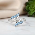 خاتم فضة 925 تصميم أوراق الصفصاف مرصع بزركون أزرق أنيق مقاس قابل للتعديل